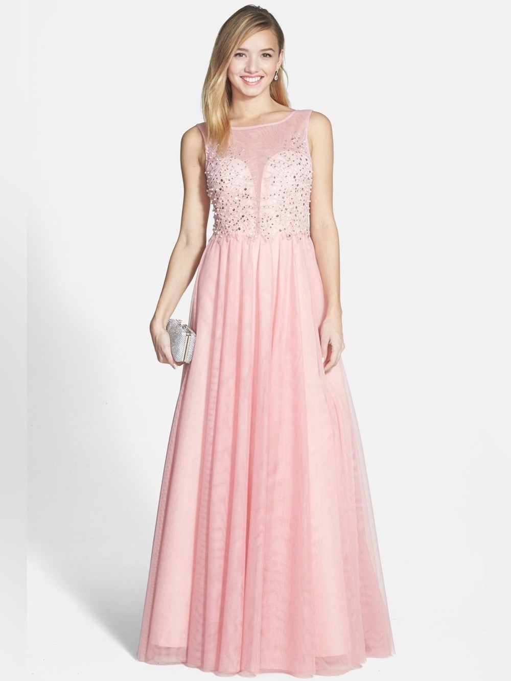Way-In Pink Beaded Rhinestone Tulle Formal Maxi Prom Dress Size 11